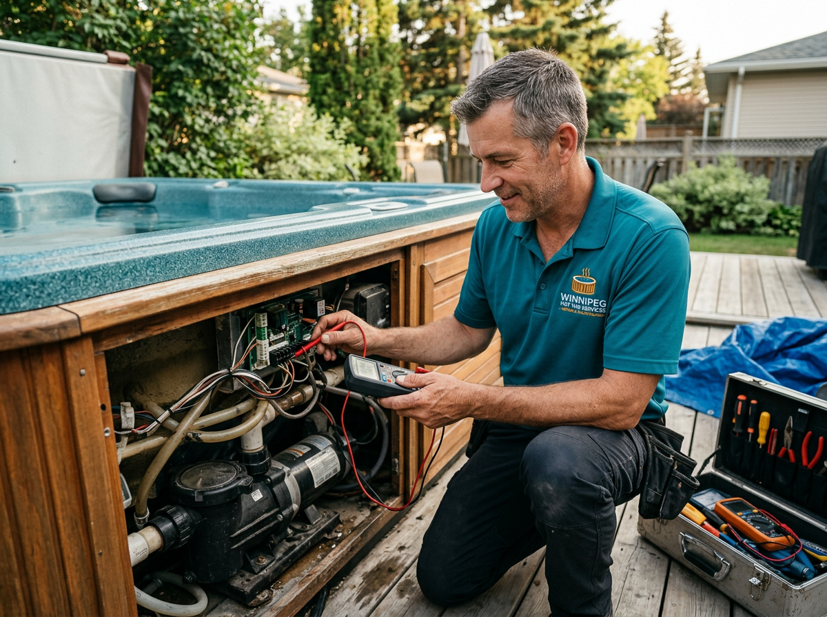 John Cole diagnosing a hot tub pump and heater assembly