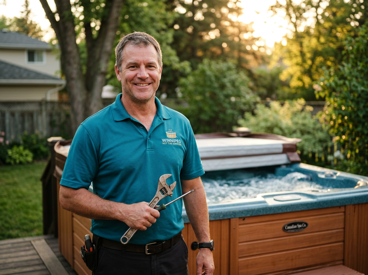 John Cole, hot tub repair expert, standing beside a hot tub in a Winnipeg backyard